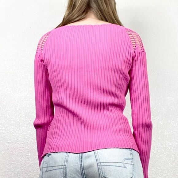 Vintage y2k Pink Ribbed Crochet Long Sleeve Top - Picture 2 of 7